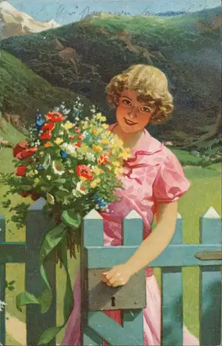 Ansichtskarte  Künstlerkarte Frau mit Blumen im Hintergrund Berge 1928