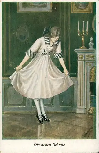 Künstlerkarte "Die neuen Schuhe" Frau stolz mit Schuhen, Kleid 1910