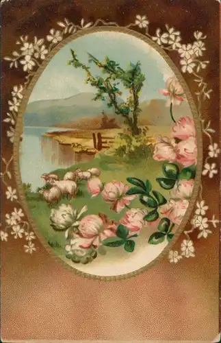 Künstlerkarte: Gemälde mit Landschaft und Schafen, Blumen verziert 1900 Prägekarte