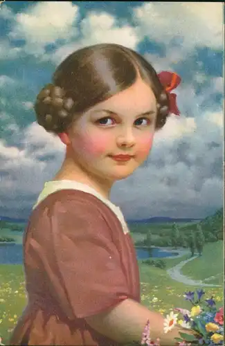 Ansichtskarte  Künstlerkarte Kind Mädchen mit Blumen vor Landschaft 1920