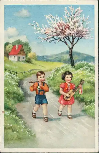 Musizierende Kinder, Flöte, Gitarre, Junge & Mädchen vor Landschaft 1959