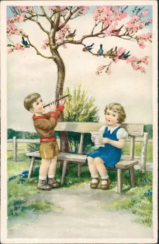 Ansichtskarte  Kinder Künstlerkarte Junge mit Flöte, Mädchen singt 1950