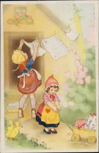 Kinder Künstlerkarte mit Spielzeug, Enten-Küken, Wäschetag 1950