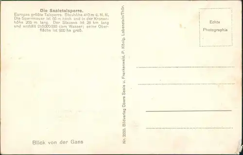 Bad Lobenstein Saaletalsperre Blick v.d. Gans auf Staumauer & Technik 1940