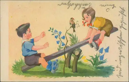 Ansichtskarte  Künstlerkarte Kinder (gemalt) auf Schaukel 1925