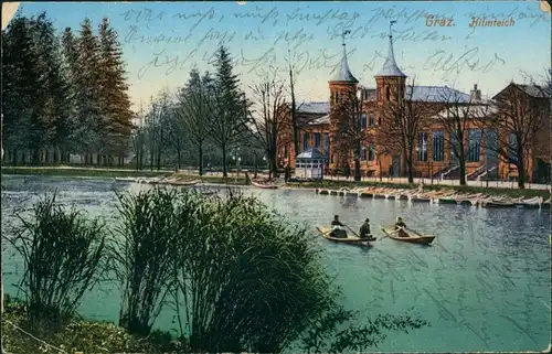 Graz Stadtteilansicht Partie am Hilmteich, Personen mit Ruderboot 1913