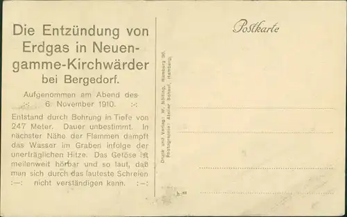 Bergedorf-Hamburg Künstlerkarte Entzündung  Erdgas  Neuengamme Kirchwärder 1910