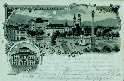 Ansichtskarte Stuttgart 2 Bild Mondscheinlitho Gruss aus Platz 1900
