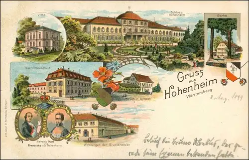 Ansichtskarte Litho AK Hohenheim-Stuttgart Schloß, Schule, Gasthaus 1899