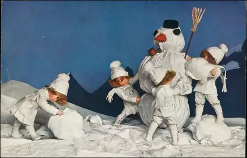 Ansichtskarte  Puppen beim Schneemann bauen Künstlerkarte 1921