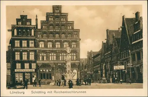 Ansichtskarte Lüneburg Schütting mit Reichenbachbrunnen - Geschäfte 1918