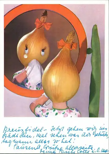 Ansichtskarte  Figuren aus Gemüse - Ziebelfrau im Spiegel 1961
