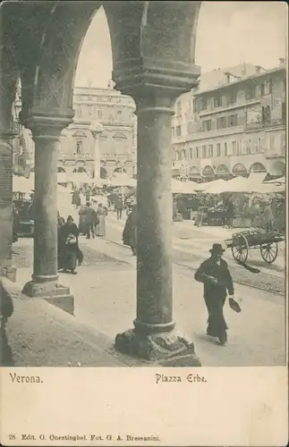 Verona Italia Stadtteilansicht Marktstände an Säulen Gebäude 1900