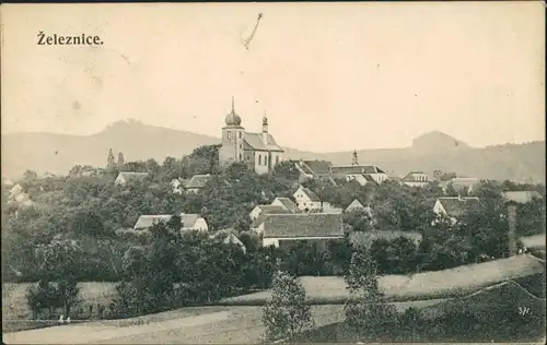 Postcard Eisenstadtel Železnice Dorf Fernansicht Gesamtansicht 1914   gelaufen mit Stempel von Železnice