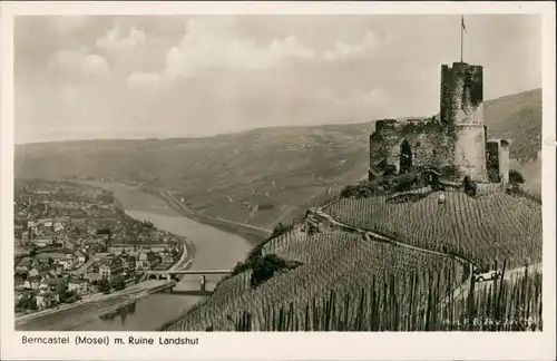 Bernkastel/Mosel Burg Ruine Landshut Mosel Fluss Ort Fernansicht 1950