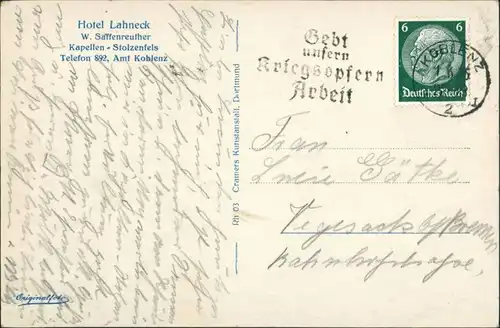 Stolzenfels-Koblenz  1936    Zusatzstempel "Gebt unseren Kriegsopfern Arbeit"