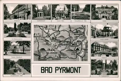 Bad Pyrmont Umlandansicht Mehrbild-Postkarte Landkarte Region um Detmold 1960