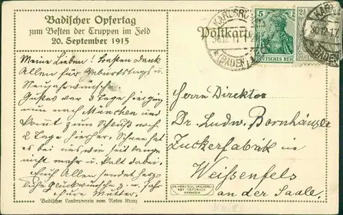 Ansichtskarte  Badischer Opfertag 20.9. - Porträt 1915