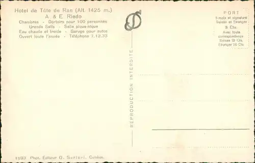Ansichtskarte Val-de-Ruz Hotel de Tête de Ran (Alt. 1425 m.) 1955