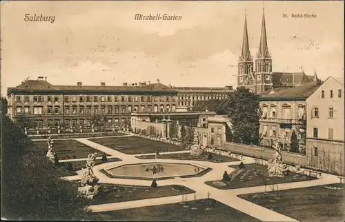 Salzburg Mirabell-Schloss Mirabellgarten Panorama mit Kirche 1910