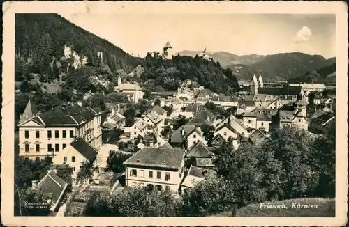 Friesach Teilansicht Blick auf Häuser, Strasse und Alpen Bergland 1941