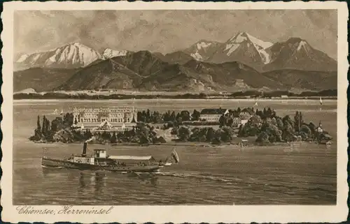Chiemsee Chiemsee, Schiff Dampfer passiert Herreninsel, Alpen Fernansicht 1920