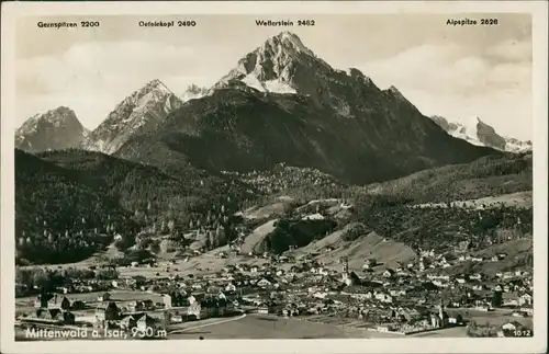 Mittenwald Panorama des Ortes mit Bergnamen, Gebirge, Alpen Berge 1936