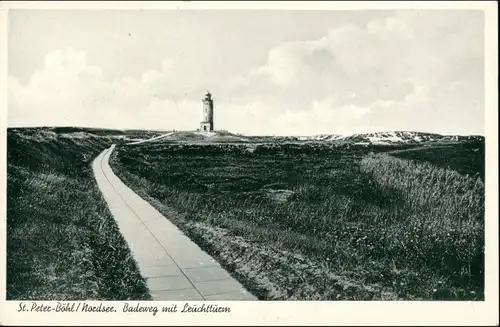 Ansichtskarte Böhl-St. Peter-Ording Badeweg mit Leuchtturm 1934