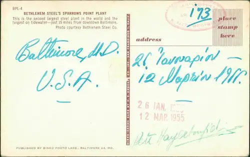 Postcard Baltimore Luftbild Bethlehem Steel 1955