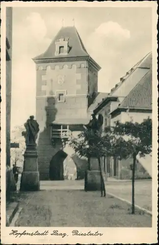 Postcard Saaz (Eger) Žatec Riestertor (gel. Bahnpost) 1938
