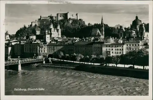 Salzburg Staatsbrücke, Brücke Fluss Partie mit Blick zur Burg 1935