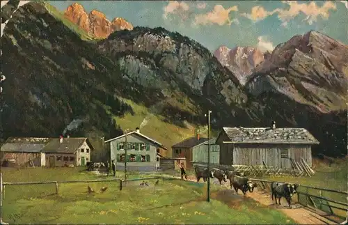 Alpen (Allgemein) Künstlerkarte Bauernhof mit Kuh-Abtrieb, Berge 1908