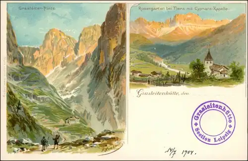 Cartoline Tiers Tires Grasleitnerhütte, Stadt Künstlerkarte 1905