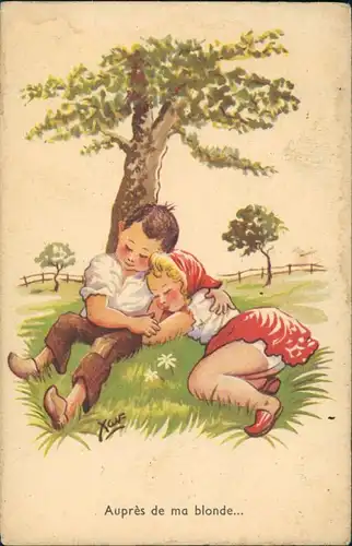 Auprès   ma blonde/Künstlerkarte Kinder Mädchen Junge schlafend unter Baum 1950