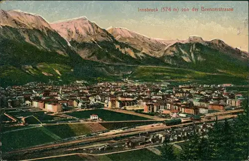 Innsbruck Panorama-Ansicht v.d. Brennerstrasse, Totalansicht mit Bahnhof 1918