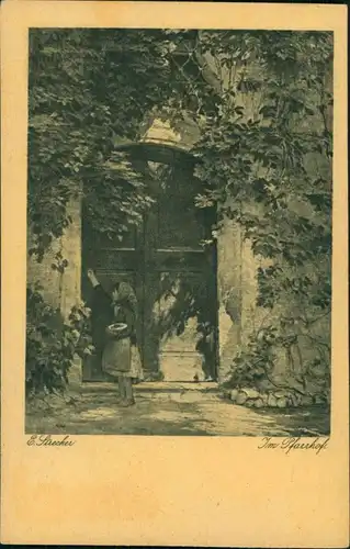 Ansichtskarte  Künstlerkarte: Gemälde: im Pfarrhof 1924