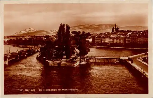 Genf Genève Ile Rousseau et Mont-Blanc/Umland-Ansicht mit Insel   1929