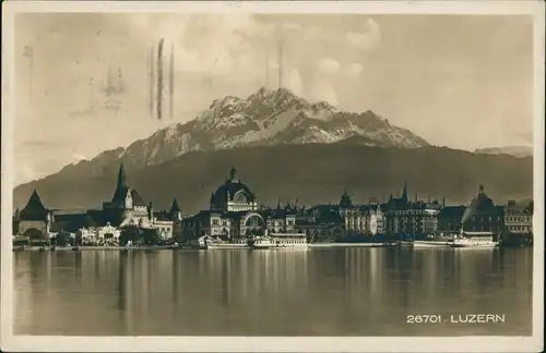 Luzern Lucerna Panorama-Ansicht auf See, Berge, Schiffsanlegestelle 1924
