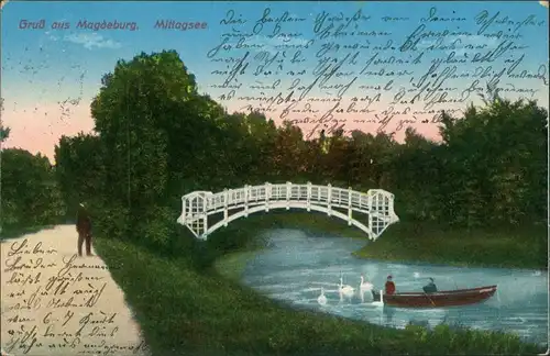 Werder-Magdeburg Adolf-Mittag-See color Ansicht mit Brücke und Mann 1916