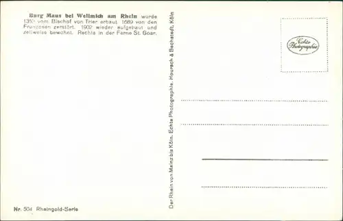 Wellmich-St. Goarshausen Burg Maus am Fluss Rhein,   Rheingold-Serie 1940