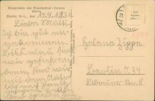 Ansichtskarte Zinnitz (Niederlausitz)-Calau Kalawa Kinderheim 1931