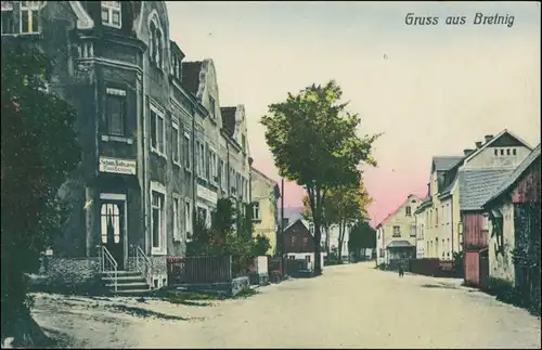 Ansichtskarte Bretnig-Hauswalde Straße, Geschäft für Wollwaren 1912