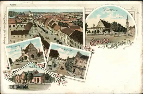 Litho AK Coswig (Anhalt) Bahnhof, Straßen, Markt - Gruss aus 1897