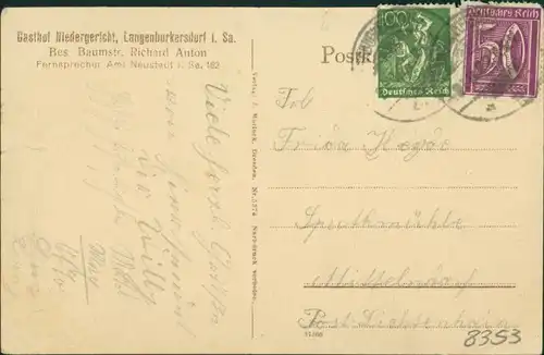 Langburkersdorf-Hohwald (Sachsen) Gasthof Niedergericht - 3 Bild Innen 1923