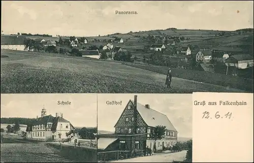 Ansichtskarte Falkenhain (Erzgebirge) 3 Bild: Schule, Gasthof, Stadt 1911