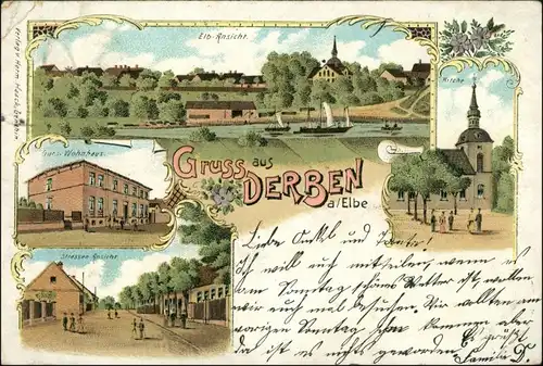 Litho AK Derben-Elbe-Parey Stadt, Kirche, Wohnhaus b Burg Magdeburg 1902