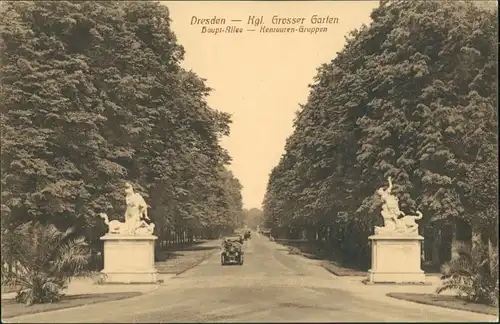 Dresden Auto, Großer Garten, Haupt Allee, Skulpturen am Eingang 1910