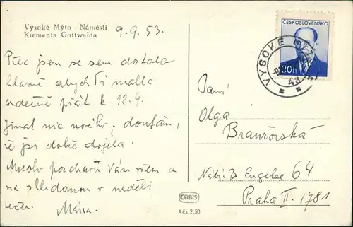 Hohenmauth Vysoké Mýto Vysoké Mýto - Náměstí Klementa Gottwalda  1953