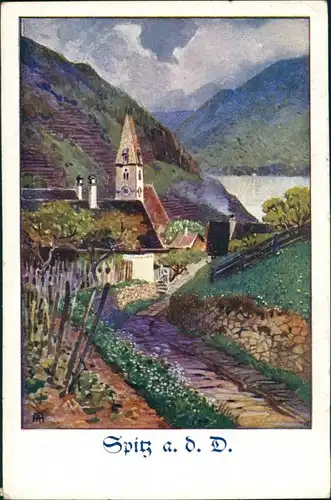 Spitz (Niederösterreich) Künstlerkarte  Blick auf Dorf mit Kirche 1927