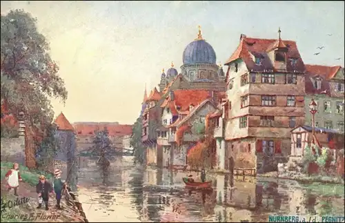 Ansichtskarte Nürnberg Synagoge, Flusspartie - Künstlerkarte 1909